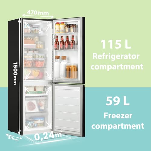 COMFEE' RCB169BL2UK(E) 174 Litre Freestanding Fridge Freezer, Low Frost, Adjustable thermostat, Energy Saving LED lights, Reversible Door Hinge, Low Noise- Black