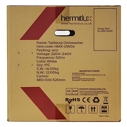 Hermitlux Table Top Dishwasher, Mini Countertop Dishwasher with 4 Place Settings, 5L Built-in Water Tank, 6 Programmes, Touch Control, Baby Care and Fruit Wash, White