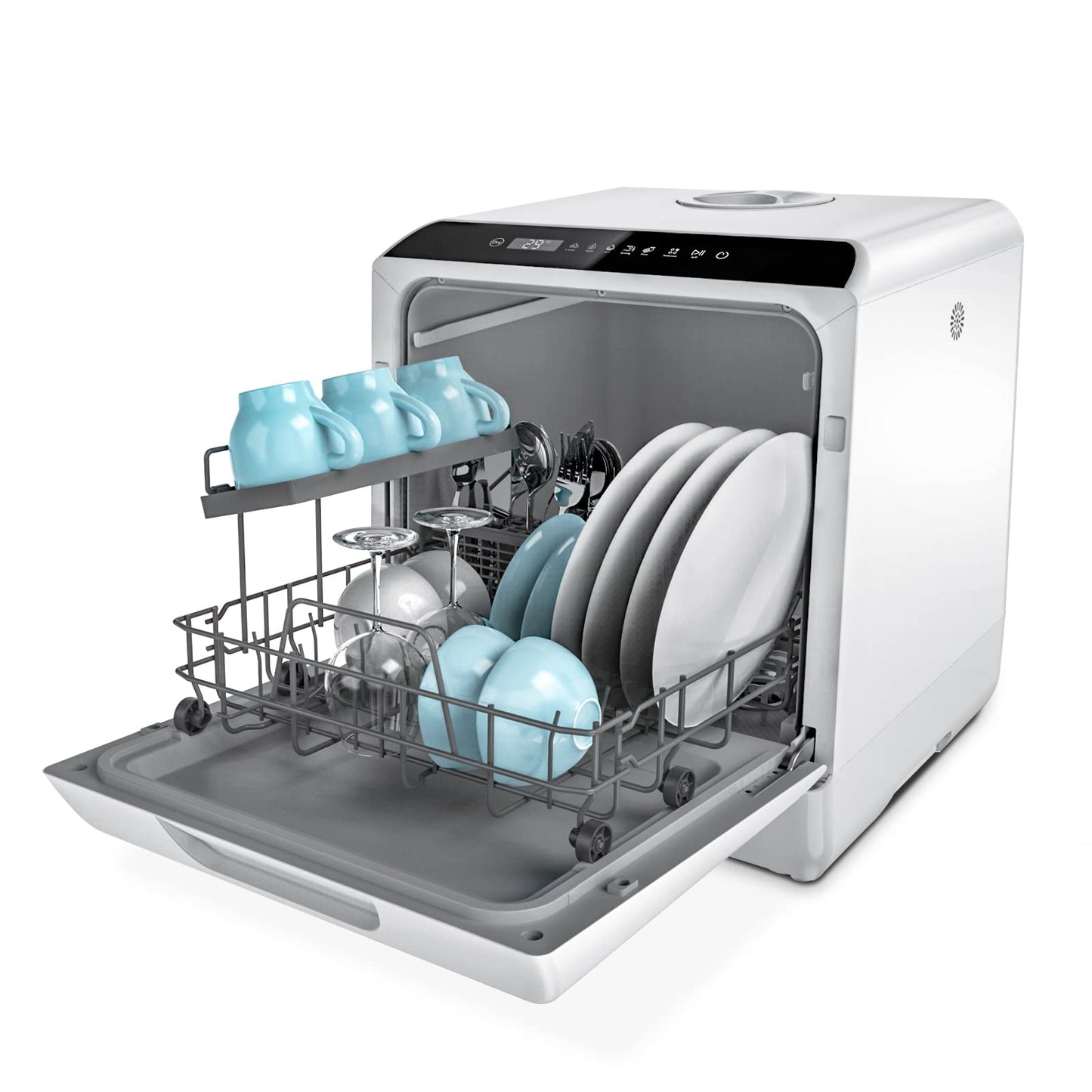 Hermitlux Table Top Dishwasher, Mini Countertop Dishwasher with 4 Place Settings, 5L Built-in Water Tank, 6 Programmes, Touch Control, Baby Care and Fruit Wash, White