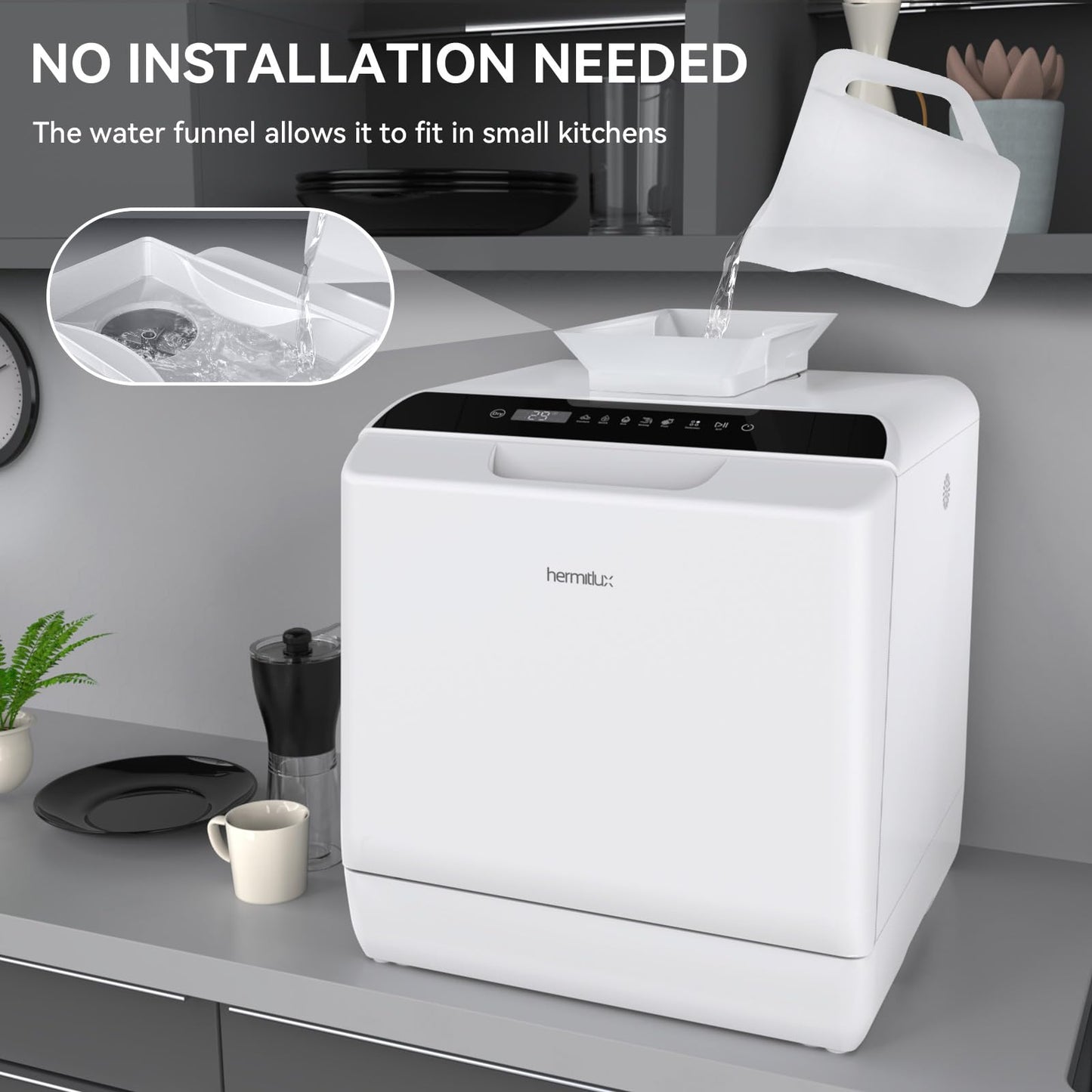 Hermitlux Table Top Dishwasher, Mini Countertop Dishwasher with 4 Place Settings, 5L Built-in Water Tank, 6 Programmes, Touch Control, Baby Care and Fruit Wash, White