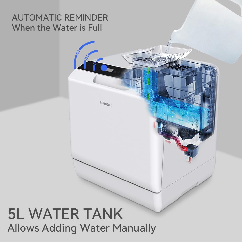 Hermitlux Table Top Dishwasher, Mini Countertop Dishwasher with 4 Place Settings, 5L Built-in Water Tank, 6 Programmes, Touch Control, Baby Care and Fruit Wash, White