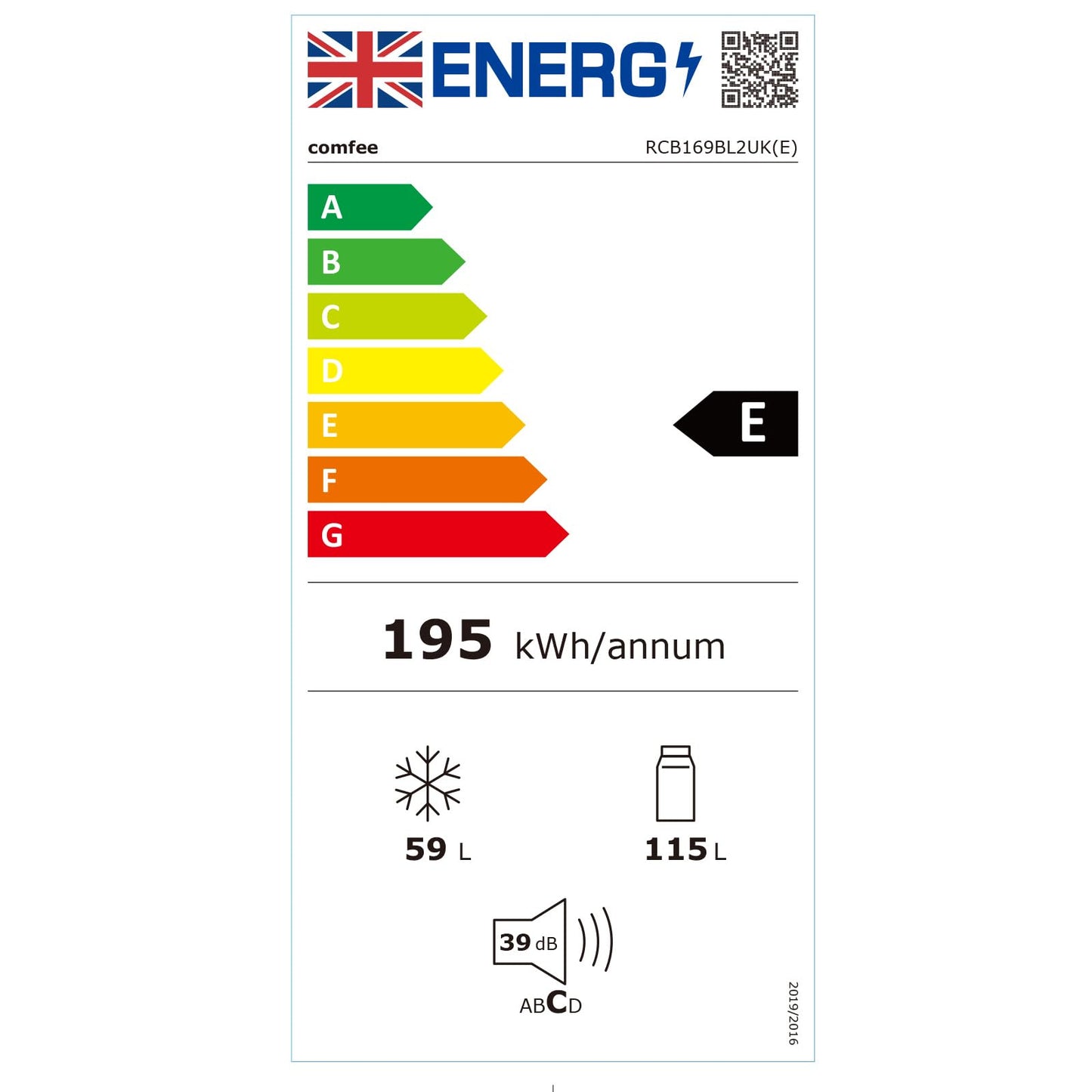 COMFEE' RCB169BL2UK(E) 174 Litre Freestanding Fridge Freezer, Low Frost, Adjustable thermostat, Energy Saving LED lights, Reversible Door Hinge, Low Noise- Black