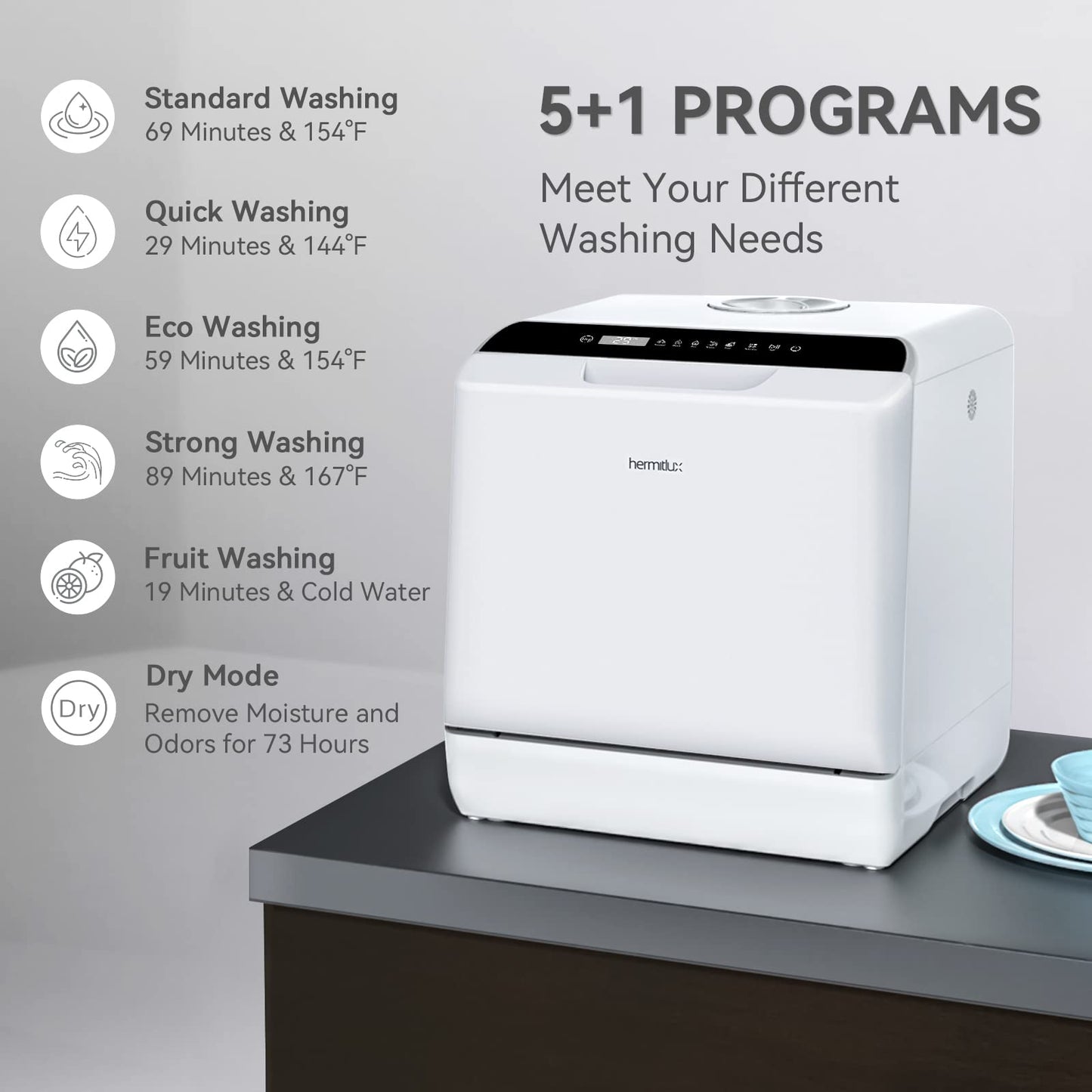 Hermitlux Table Top Dishwasher, Mini Countertop Dishwasher with 4 Place Settings, 5L Built-in Water Tank, 6 Programmes, Touch Control, Baby Care and Fruit Wash, White