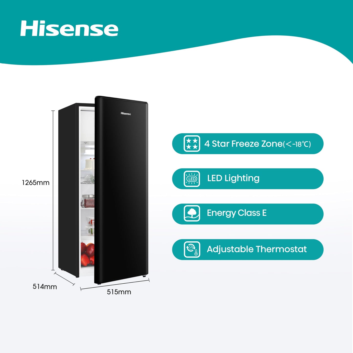 Hisense RR220D4BBE 52cm Freestanding Retro Fridge - 165-litre capacity with 4 star Ice box - Auto Defrost - Wine Rack - Black- E Rated, H128 x W51.9 x D51.3