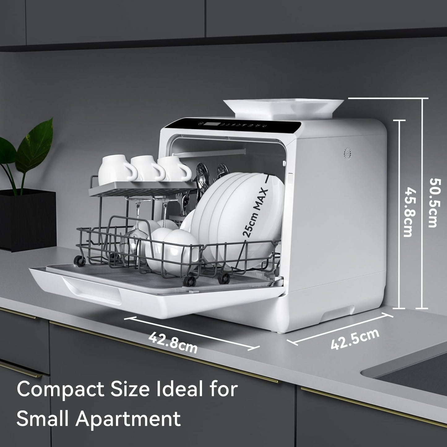 Hermitlux Table Top Dishwasher, Mini Countertop Dishwasher with 4 Place Settings, 5L Built-in Water Tank, 6 Programmes, Touch Control, Baby Care and Fruit Wash, White