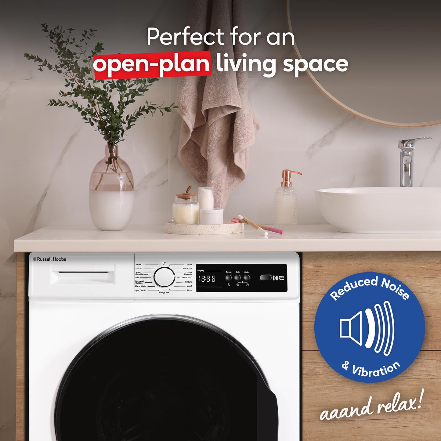 Russell Hobbs Freestanding Washing Machine, 8kg Capacity, 1400 rpm, 15 Programmes, Eco Technology, Rapid Wash Cycles, White, RH814W111W