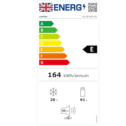 COMFEE' RCT87WH2(E) 87L Under Counter Fridge Freezer, Interior Light, Adjustable Shelves, Reversible Door, Low Noise, White