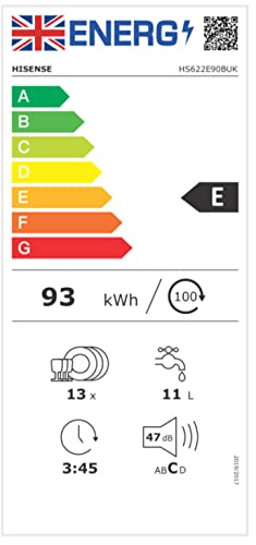 Hisense HS622E90BUK Freestanding Standard Dishwasher 85cm High - E Rated, Black, 24 x 23 x 33 inches (L x W x H) [Energy Class E]