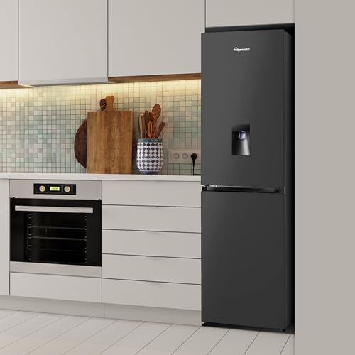 Fridgemaster MC55251DEB 55cm Freestanding 256 litre 50/50 Fridge Freezer with Non-plumbed Water Dispenser - Frost Free - LED Lighting- 4 Star Freezer Rating -Black - E Rated, H182.4 x W55 x D55.7 (cm)