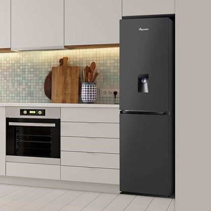 Fridgemaster MC55251DEB 55cm Freestanding 256 litre 50/50 Fridge Freezer with Non-plumbed Water Dispenser - Frost Free - LED Lighting- 4 Star Freezer Rating -Black - E Rated, H182.4 x W55 x D55.7 (cm)
