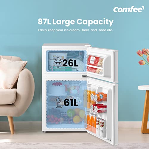 COMFEE' RCT87WH2(E) 87L Under Counter Fridge Freezer, Interior Light, Adjustable Shelves, Reversible Door, Low Noise, White