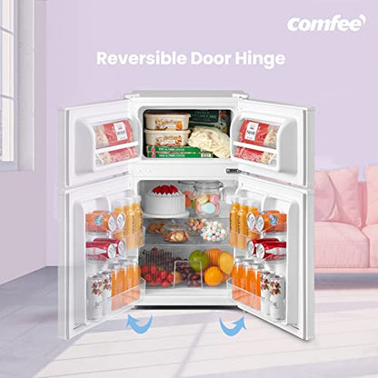 COMFEE' RCT87WH2(E) 87L Under Counter Fridge Freezer, Interior Light, Adjustable Shelves, Reversible Door, Low Noise, White