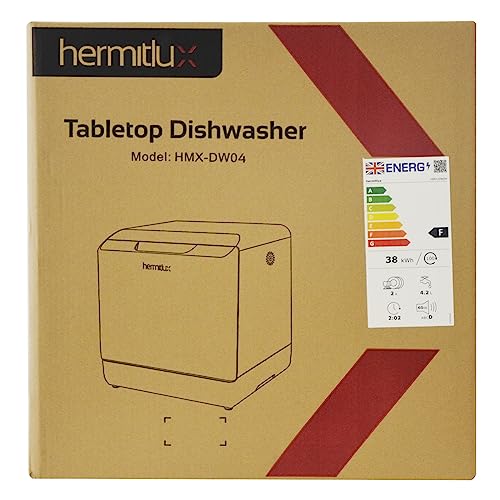 Hermitlux Table Top Dishwasher, Mini Countertop Dishwasher with 4 Place Settings, 5L Built-in Water Tank, 6 Programmes, Touch Control, Baby Care and Fruit Wash, White