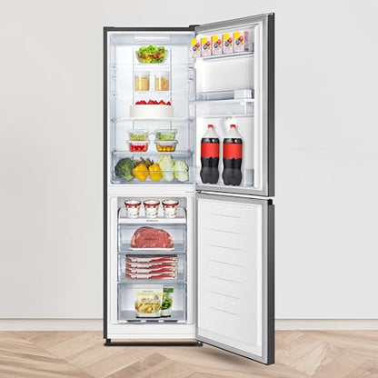 Fridgemaster MC55251DEB 55cm Freestanding 256 litre 50/50 Fridge Freezer with Non-plumbed Water Dispenser - Frost Free - LED Lighting- 4 Star Freezer Rating -Black - E Rated, H182.4 x W55 x D55.7 (cm)