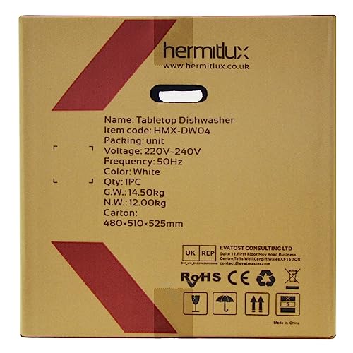 Hermitlux Table Top Dishwasher, Mini Countertop Dishwasher with 4 Place Settings, 5L Built-in Water Tank, 6 Programmes, Touch Control, Baby Care and Fruit Wash, White