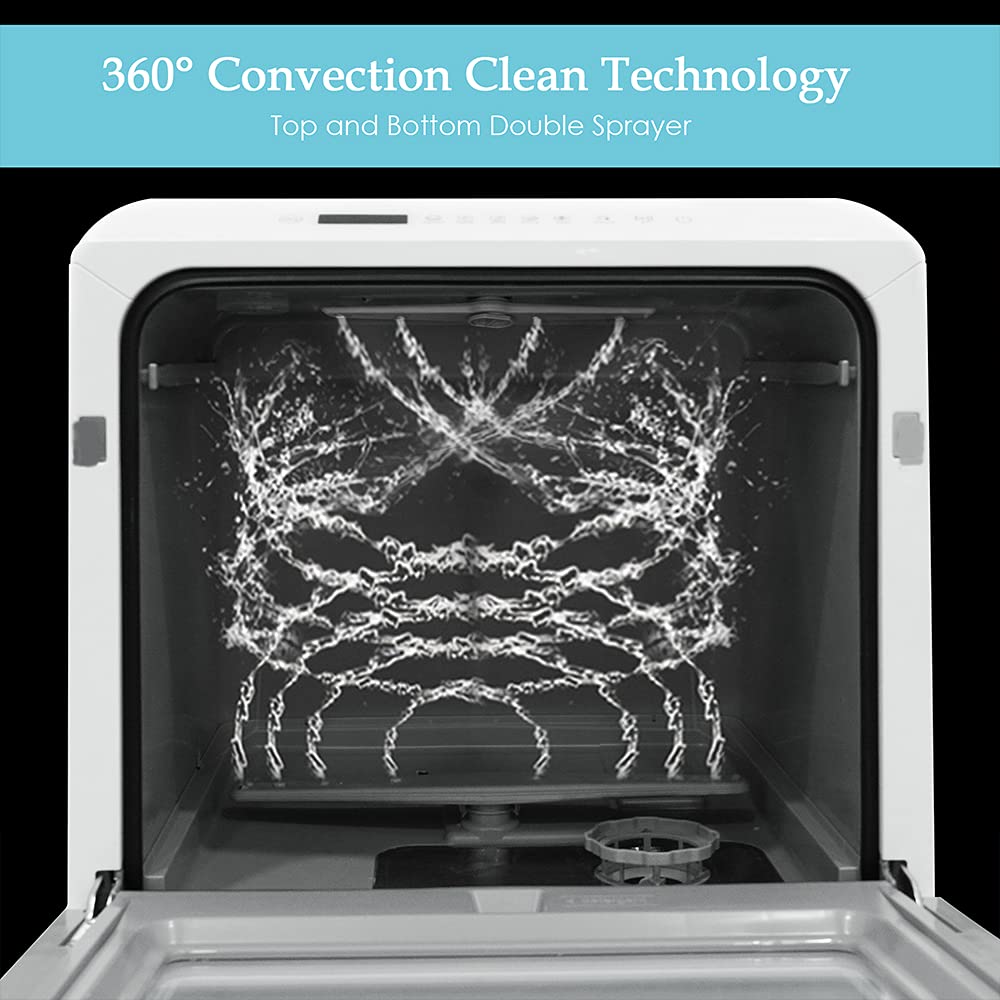 Table Top Dishwasher, Mini Countertop Dishwasher Portable, 6 Programs, Built-in 5L Water Tank, 4 Place Settings, Touch Control, LED Display, Fruit Wash, No Installation, White