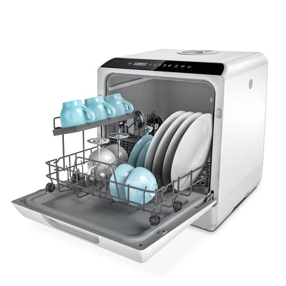 Hermitlux Table Top Dishwasher, Mini Countertop Dishwasher with 4 Place Settings, 5L Built-in Water Tank, 6 Programmes, Touch Control, Baby Care and Fruit Wash, White