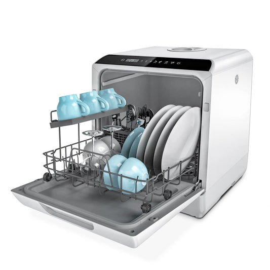 Hermitlux Table Top Dishwasher, Mini Countertop Dishwasher with 4 Place Settings, 5L Built-in Water Tank, 6 Programmes, Touch Control, Baby Care and Fruit Wash, White