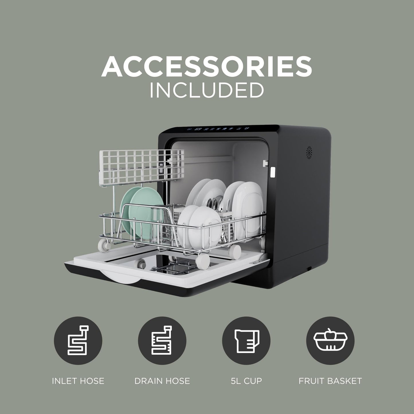 DMD Collective – Mini Table Top Dishwasher, Touch Screen Countertop Dishwasher, 5L Built-in Water Tank No Plumbing, with Touch Control, LED Display, Drying Cycle & Fruit Wash
