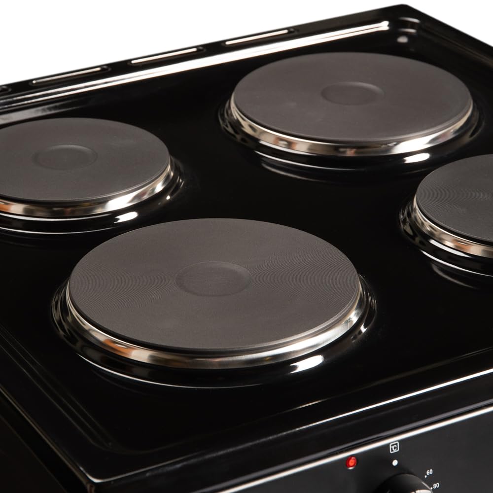 Cookology CFSP600BK/1 Freestanding Electric Single Cooker in Black - Solid Plate Top - 68 Litre Capacity - 60cm Wide - 4 Cooking Zone Hob - Analogue Dials