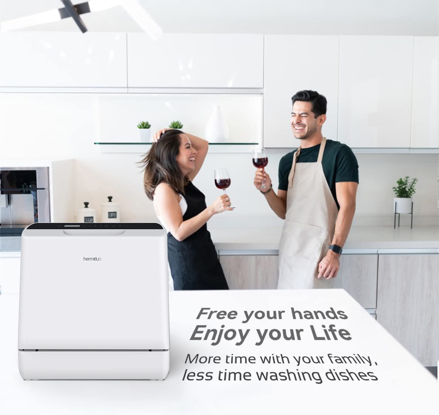 Hermitlux Table Top Dishwasher, Mini Countertop Dishwasher with 4 Place Settings, 5L Built-in Water Tank, 6 Programmes, Touch Control, Baby Care and Fruit Wash, White