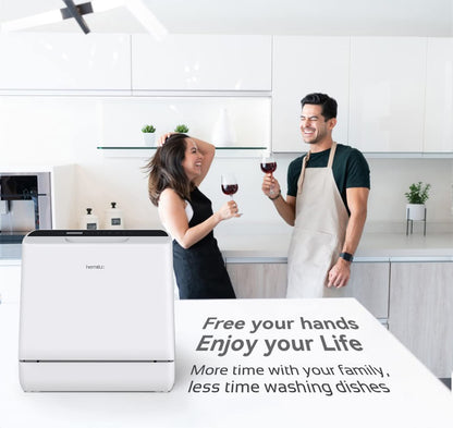 Hermitlux Table Top Dishwasher, Mini Countertop Dishwasher with 4 Place Settings, 5L Built-in Water Tank, 6 Programmes, Touch Control, Baby Care and Fruit Wash, White