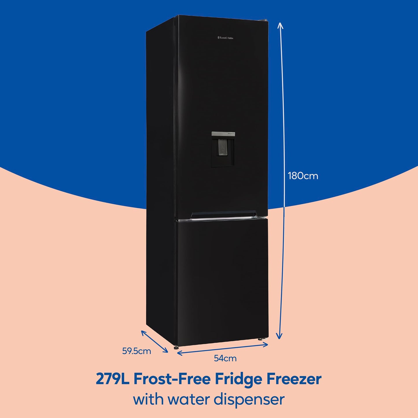 Russell Hobbs Fridge Freezer Freestanding Frost Free with Water Dispener Reversible Door, Adjustable Thermostat & Feet, 70/30 279L, 180cm High, LED Light, 2 Year Guarantee Black RH180FFFF551E1BWD