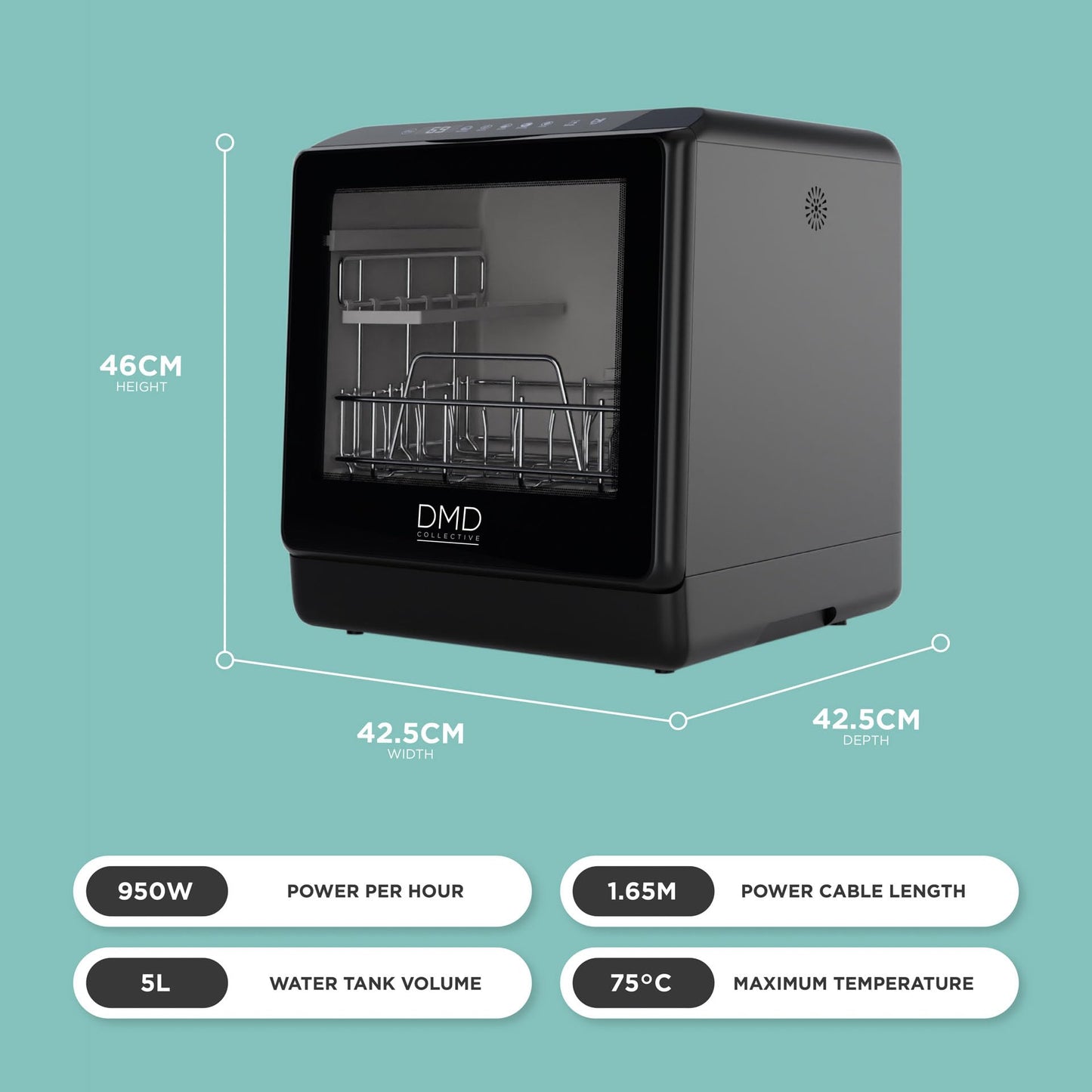 DMD Collective – Mini Table Top Dishwasher, Touch Screen Countertop Dishwasher, 5L Built-in Water Tank No Plumbing, with Touch Control, LED Display, Drying Cycle & Fruit Wash