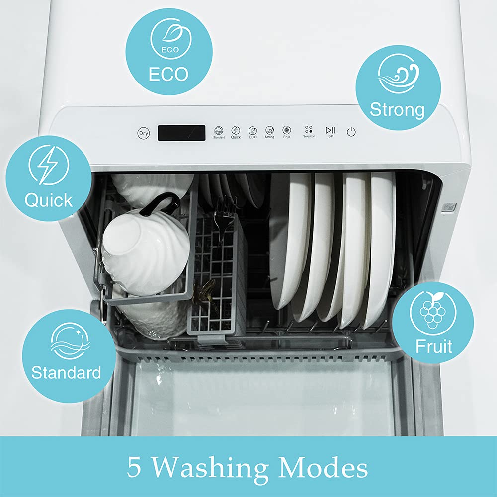 Table Top Dishwasher, Mini Countertop Dishwasher Portable, 6 Programs, Built-in 5L Water Tank, 4 Place Settings, Touch Control, LED Display, Fruit Wash, No Installation, White
