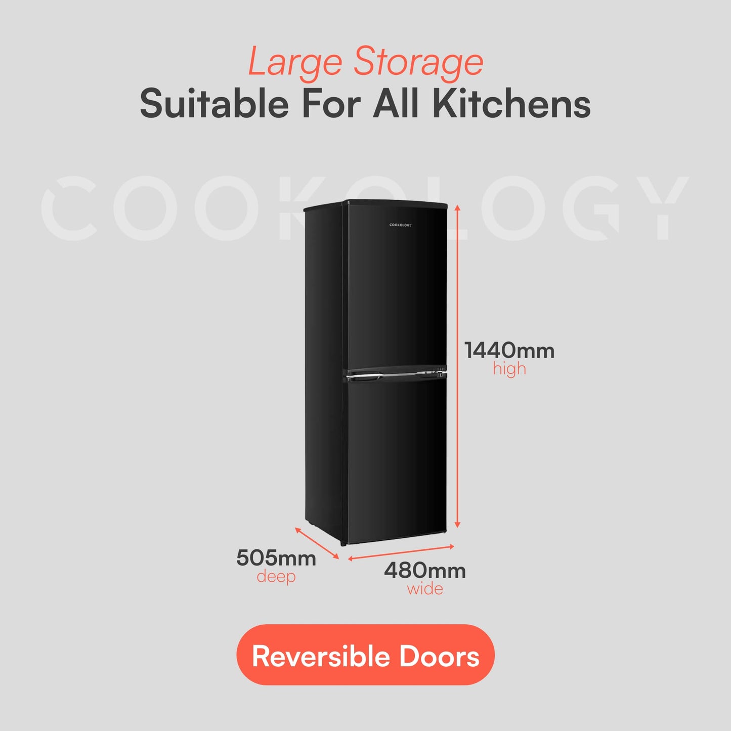 Cookology CFF1425050 Static 142 Litre Freestanding 50/50 Fridge Freezer, Adjustable Temperature Control and Legs, Reversible Doors, Efficient LED Light, 4 Star Freezer Rating - in Black