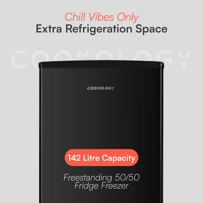 Cookology CFF1425050 Static 142 Litre Freestanding 50/50 Fridge Freezer, Adjustable Temperature Control and Legs, Reversible Doors, Efficient LED Light, 4 Star Freezer Rating - in Black