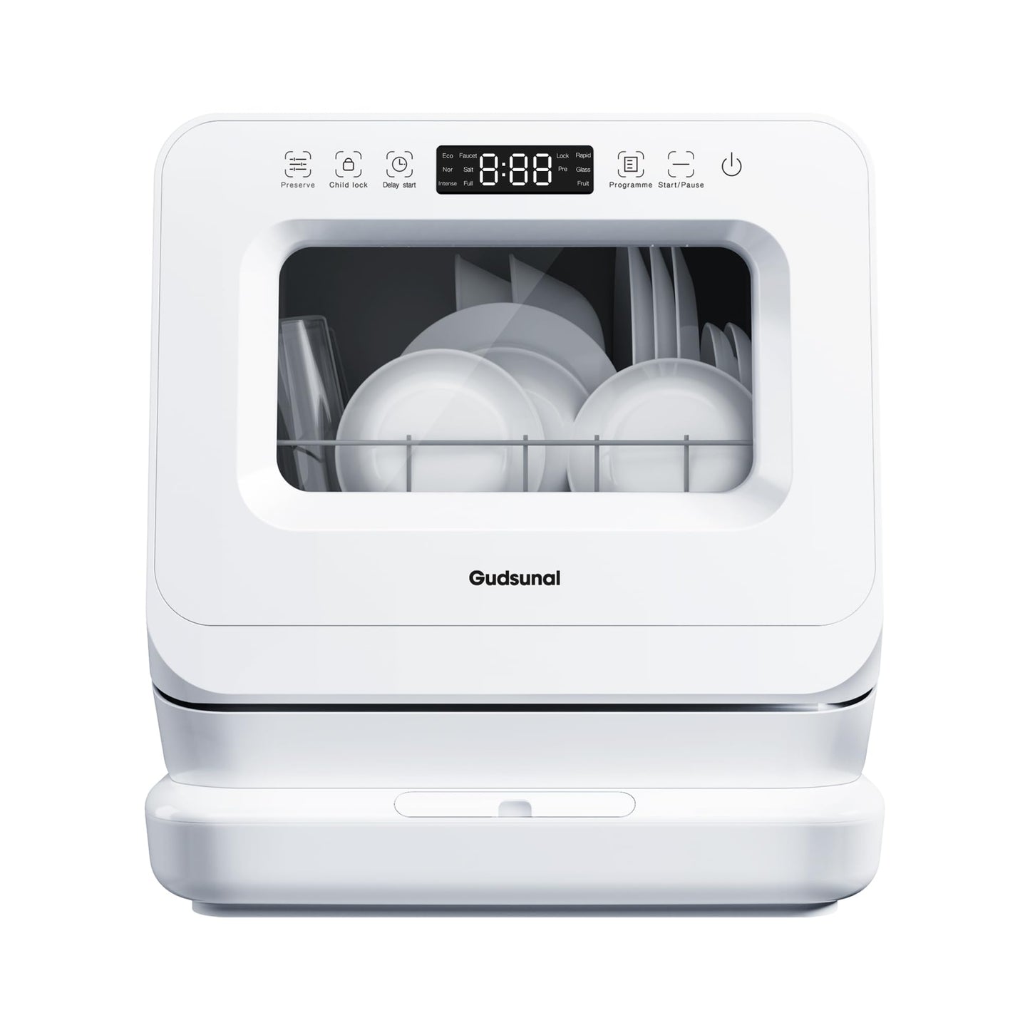 Gudsunal Table Top Dishwasher Countertop, 7L Detachable Water Tank, 6 Programs,No Hookup Needed, 192℉ HI-Temp Hygiene, Hybrid Drying & Preserve Fuction, Mini Dishwasher for RV & Apartment,White