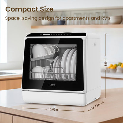 HAVA Table Top Dishwasher, Mini Countertop Dishwasher with 6 Programmes and Built-in 5 Litre Water Tank, No Connection Required, Baby Supplies, and Air Drying Function for Homes and Motorhomes