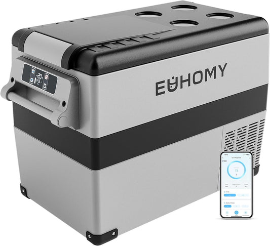 EUHOMY 40L Car Fridge Freezer 12V, Portable Camping Freezer Car Refrigerators with APP Control, Compressor Fridge with 12/24V DC & 110-240V AC, 42dB Quiet for Camping, RV, Road Trip, Picnic(Gray)