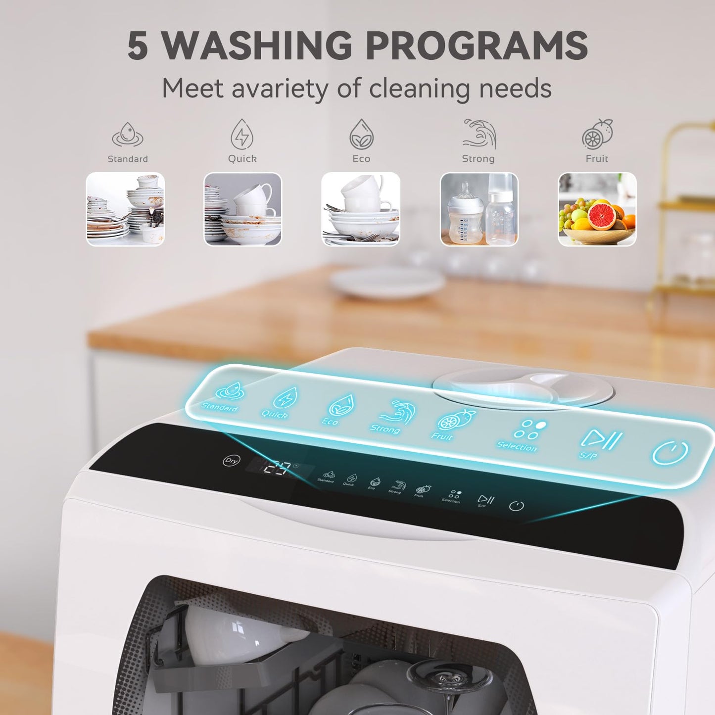 Hermitlux Table Top Dishwasher for 5 Place Settings (5L Tank), Tabletop Dishwasher no Plumbing with 6 Programmes Including 360° Spray Arms | Hot - Air Drying | Energy Class D | No Installation