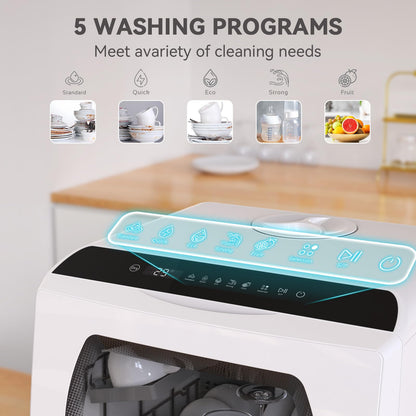 Hermitlux Table Top Dishwasher for 5 Place Settings (5L Tank), Tabletop Dishwasher no Plumbing with 6 Programmes Including 360° Spray Arms | Hot - Air Drying | Energy Class D | No Installation