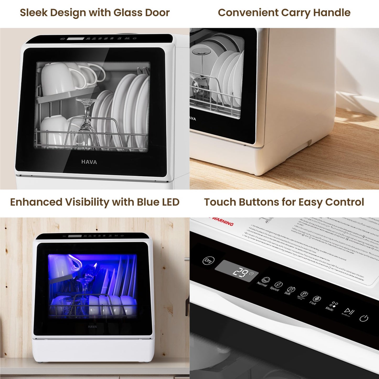HAVA Table Top Dishwasher, Mini Countertop Dishwasher with 6 Programmes and Built-in 5 Litre Water Tank, No Connection Required, Baby Supplies, and Air Drying Function for Homes and Motorhomes
