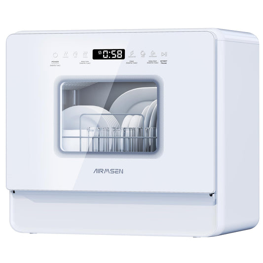 AIRMSEN 2025 NEW Upgraded Table Top Dishwasher with Soft Water Salt Function, Portable Countertop Dishwasher with 9 Programs & 5L Tank, 2-12H Delay Start & 360° Triple Spray Arms, White