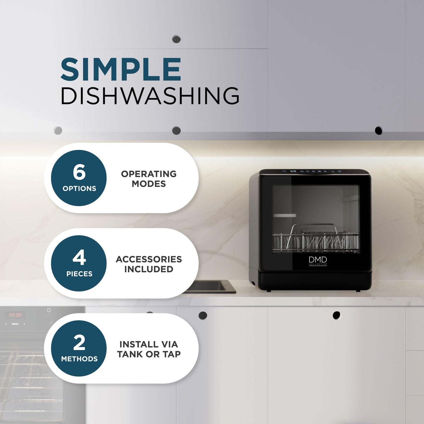 DMD Collective – Mini Table Top Dishwasher, Touch Screen Countertop Dishwasher, 5L Built-in Water Tank No Plumbing, with Touch Control, LED Display, Drying Cycle & Fruit Wash