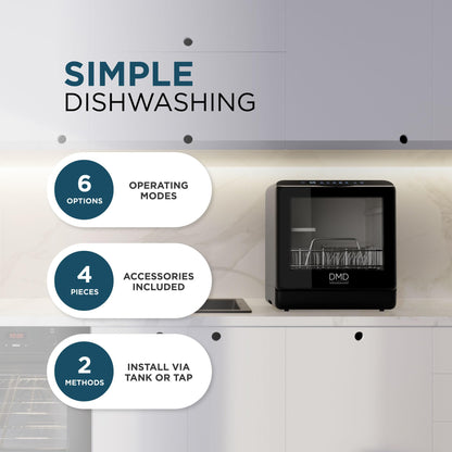 DMD Collective – Mini Table Top Dishwasher, Touch Screen Countertop Dishwasher, 5L Built-in Water Tank No Plumbing, with Touch Control, LED Display, Drying Cycle & Fruit Wash