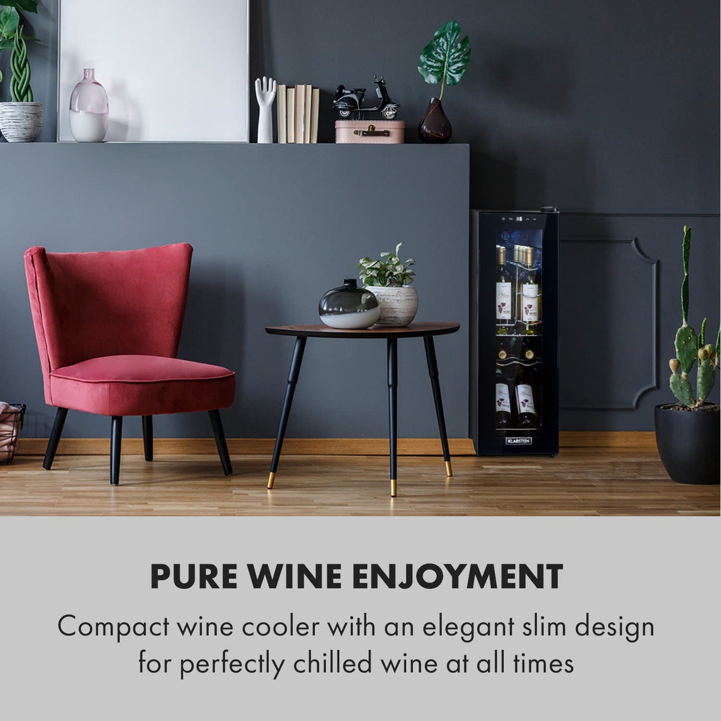 KLARSTEIN Free-standing Wine Cooler Fridge, Single Zone Wine Fridge with Glass Door, 32L Slimline Drinks for Home Pub, Indoor/Outdoor Bar Fridge, 12 Bottles