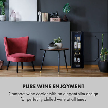 KLARSTEIN Free-standing Wine Cooler Fridge, Single Zone Wine Fridge with Glass Door, 32L Slimline Drinks for Home Pub, Indoor/Outdoor Bar Fridge, 12 Bottles