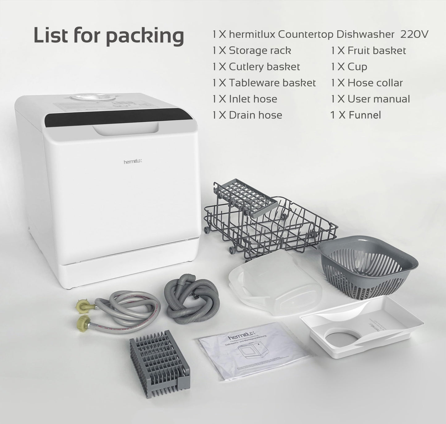 Hermitlux Table Top Dishwasher, Mini Countertop Dishwasher with 4 Place Settings, 5L Built-in Water Tank, 6 Programmes, Touch Control, Baby Care and Fruit Wash, White