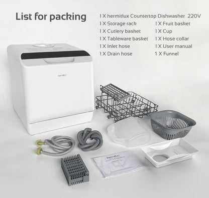 Hermitlux Table Top Dishwasher, Mini Countertop Dishwasher with 4 Place Settings, 5L Built-in Water Tank, 6 Programmes, Touch Control, Baby Care and Fruit Wash, White