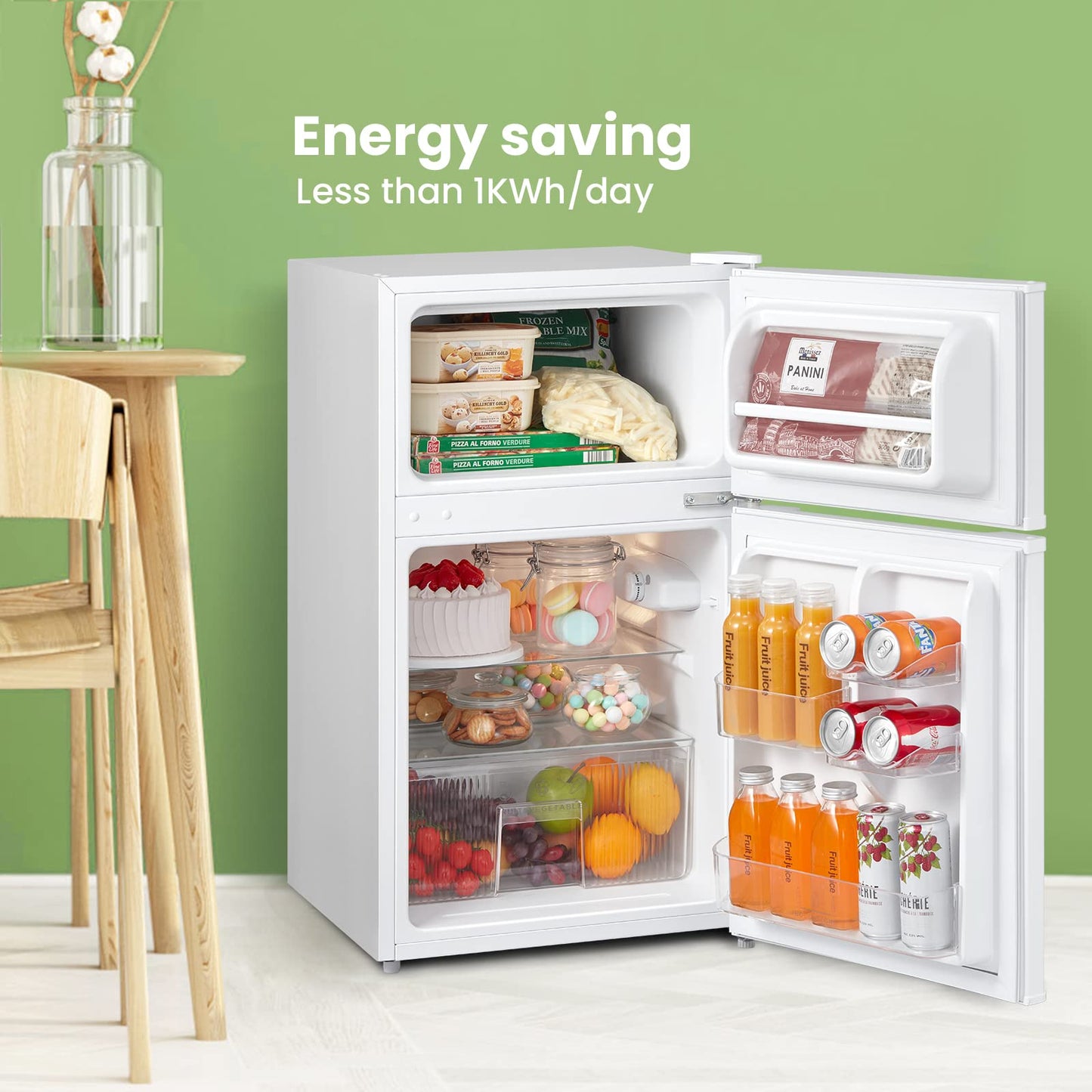 COMFEE' RCT87WH2(E) 87L Under Counter Fridge Freezer, Interior Light, Adjustable Shelves, Reversible Door, Low Noise, White