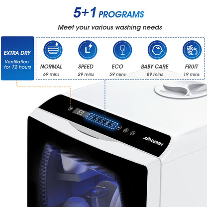 AIRMSEN Mini Table Top Dishwasher - Upgraded 6 Programs Portable Countertop Dishwasher No Plumbing with 2 Water Supply Modes for Kitchen Apartment Outdoor - with Baby Care Mode