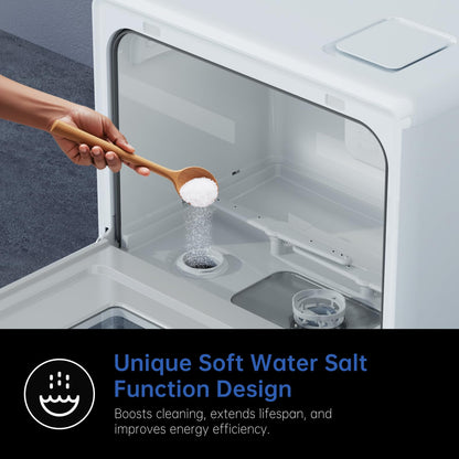 AIRMSEN 2025 NEW Upgraded Table Top Dishwasher with Soft Water Salt Function, Portable Countertop Dishwasher with 9 Programs & 5L Tank, 2-12H Delay Start & 360° Triple Spray Arms, White