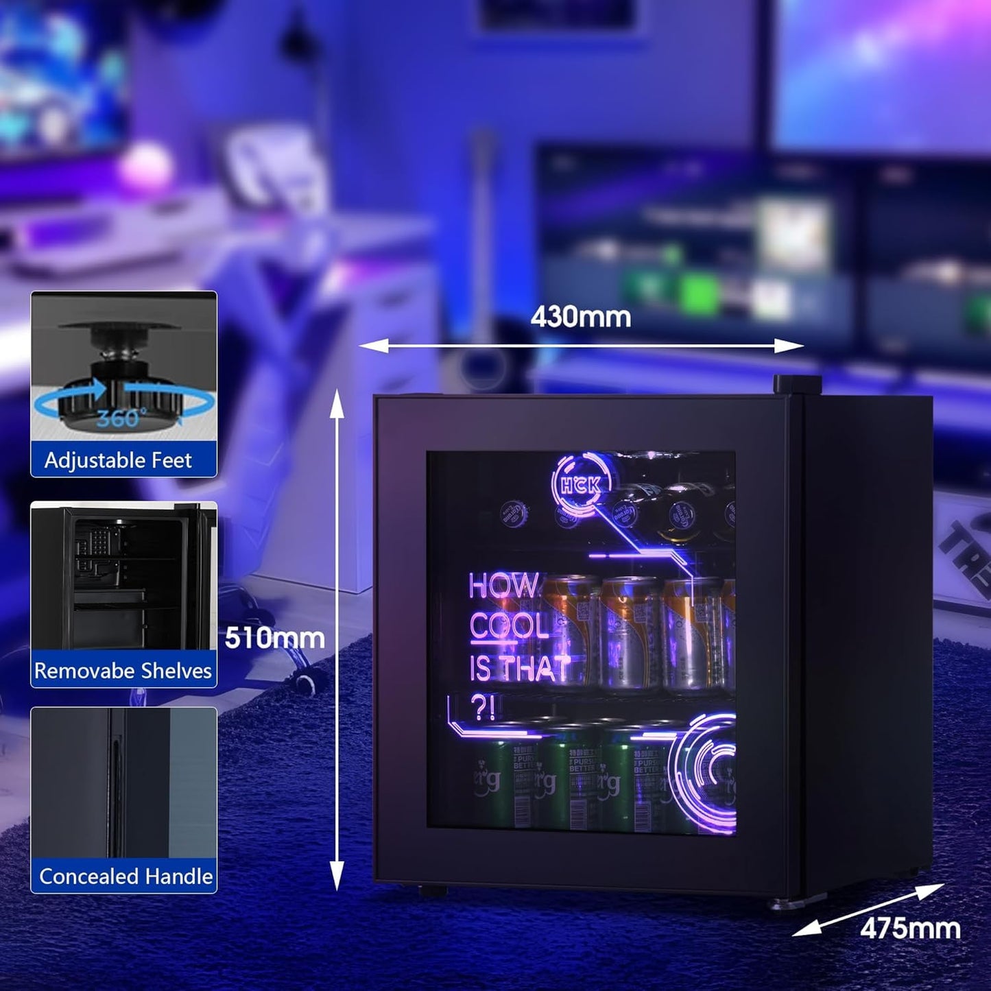 HCK 48L Mini Fridge with Glass Door, Quiet 39dB, Cyberpunk Beer Fridge with Modern LED Lighting, Drinks Fridges Gaming Refrigerators, 0-15°C Precise Control, for Bedrooms, Gaming Room, Parties, Black
