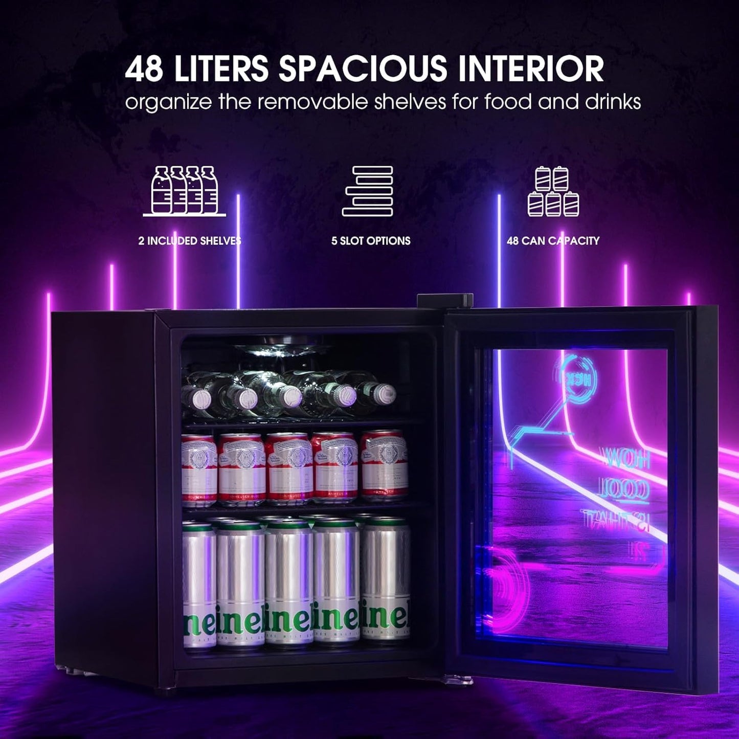 HCK 48L Mini Fridge with Glass Door, Quiet 39dB, Cyberpunk Beer Fridge with Modern LED Lighting, Drinks Fridges Gaming Refrigerators, 0-15°C Precise Control, for Bedrooms, Gaming Room, Parties, Black