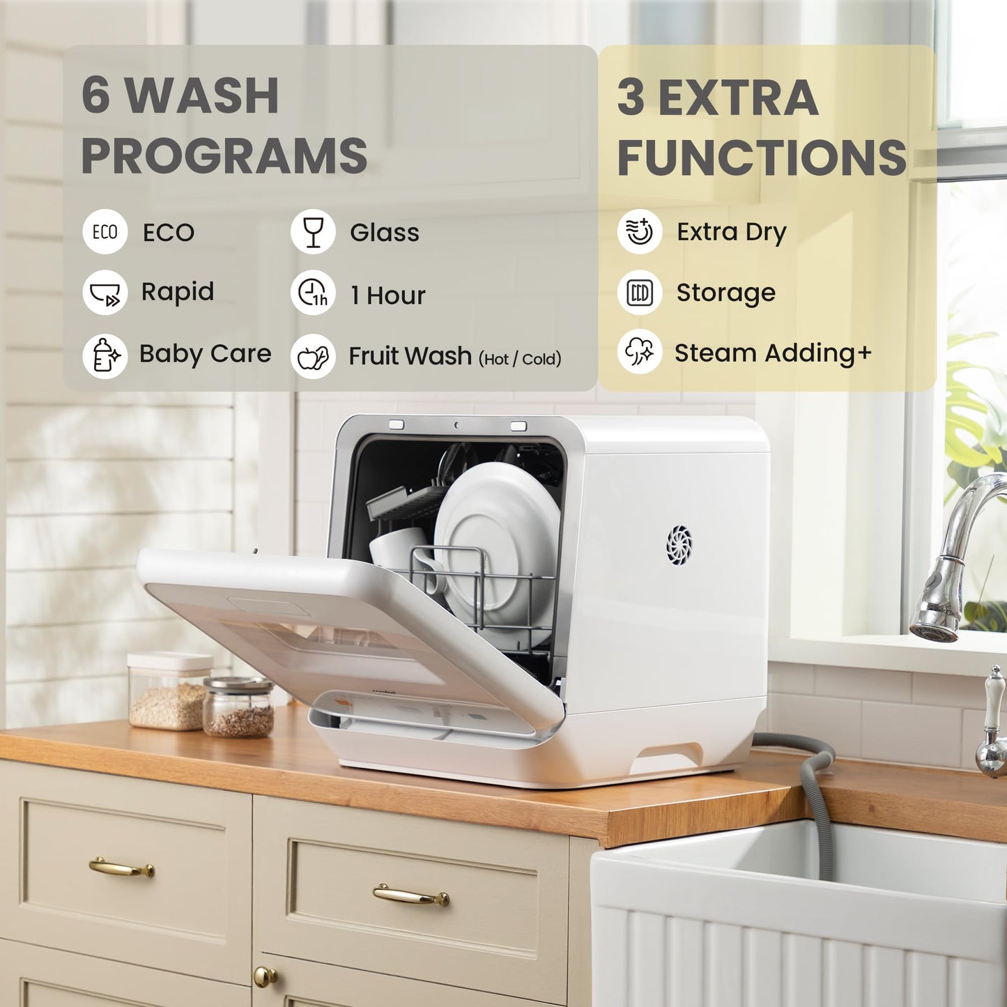 COMFEE' Table Top Dishwasher, Mini Countertop Dishwasher with 6+3 Programs, Steam Wash, Baby Care & Fruit Wash, No plumbing, Delay Start, 72H Storage - White